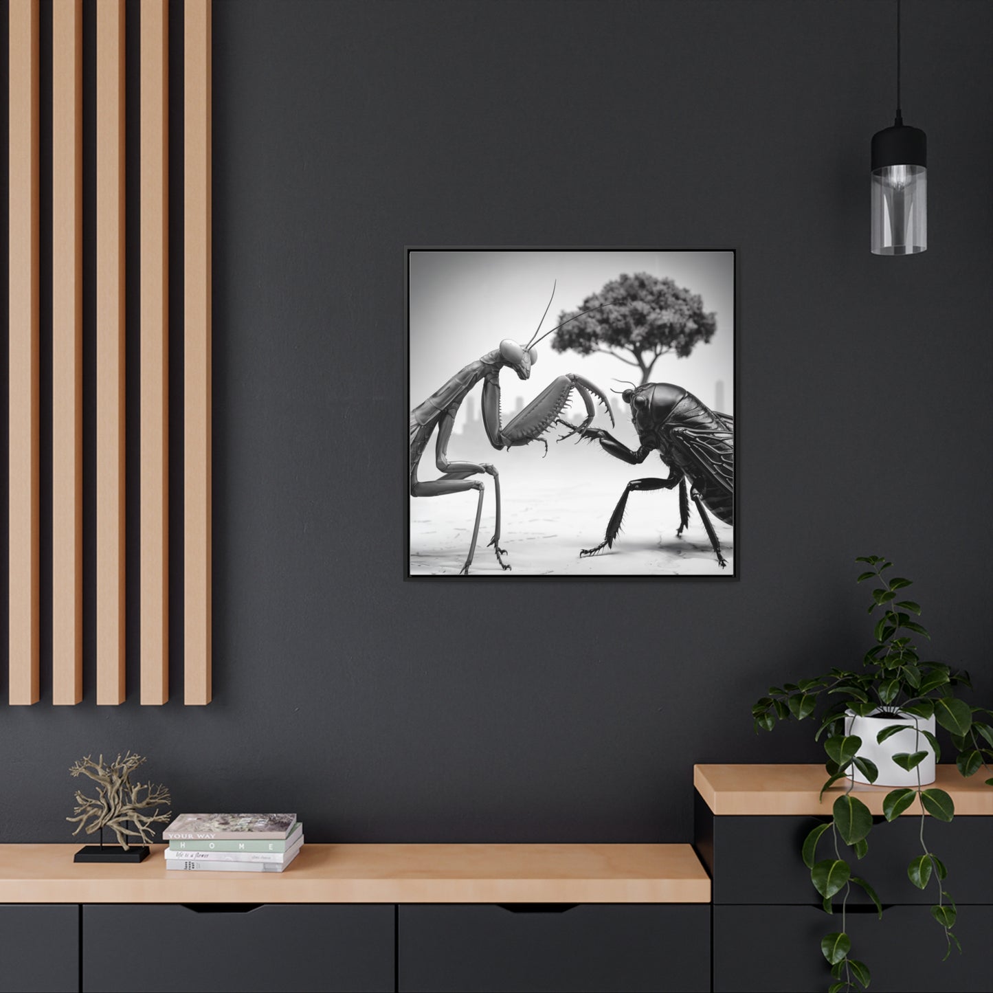 Mantis vs. Cicada Showdown – Framed Canvas Art