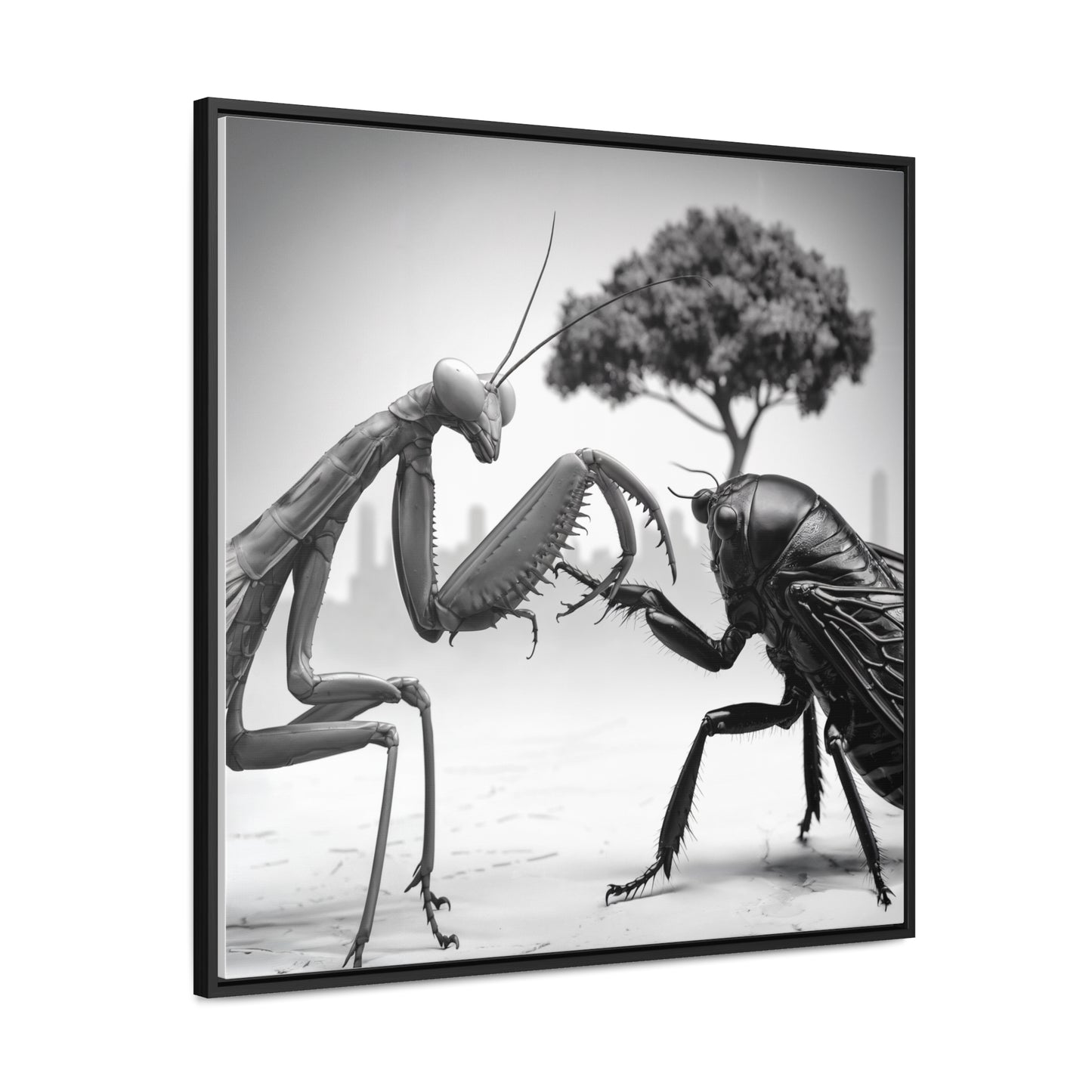 Mantis vs. Cicada Showdown – Framed Canvas Art