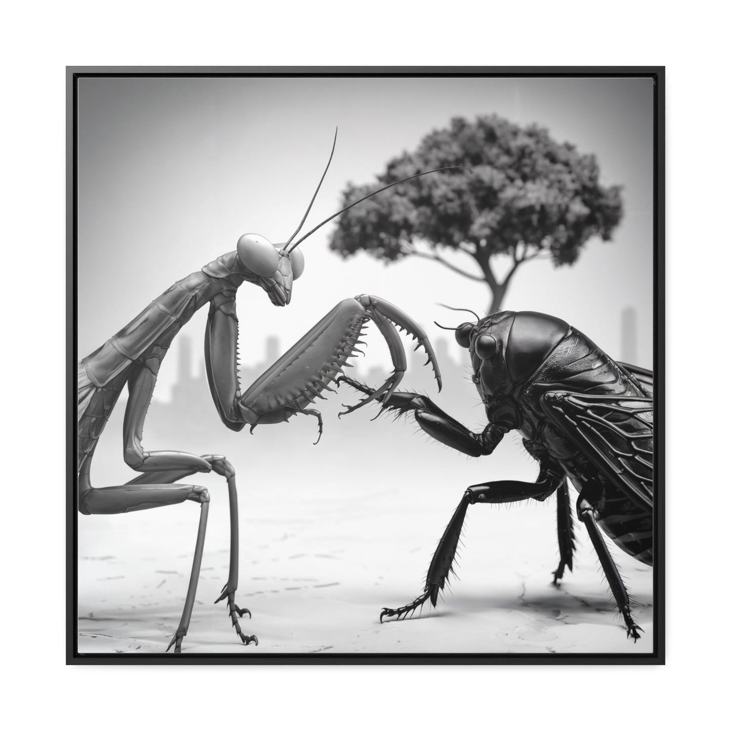 Mantis vs. Cicada Showdown – Framed Canvas Art