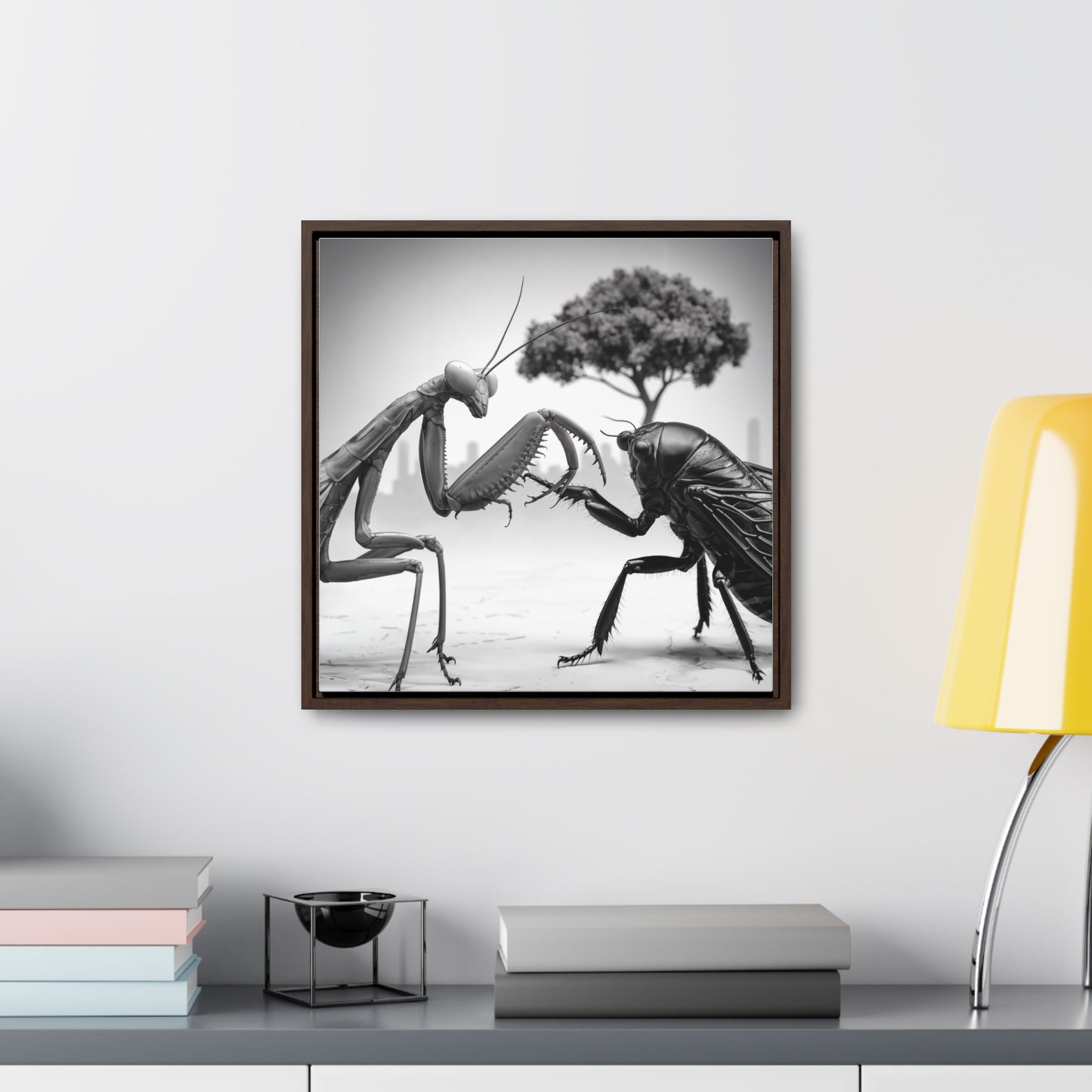Mantis vs. Cicada Showdown – Framed Canvas Art