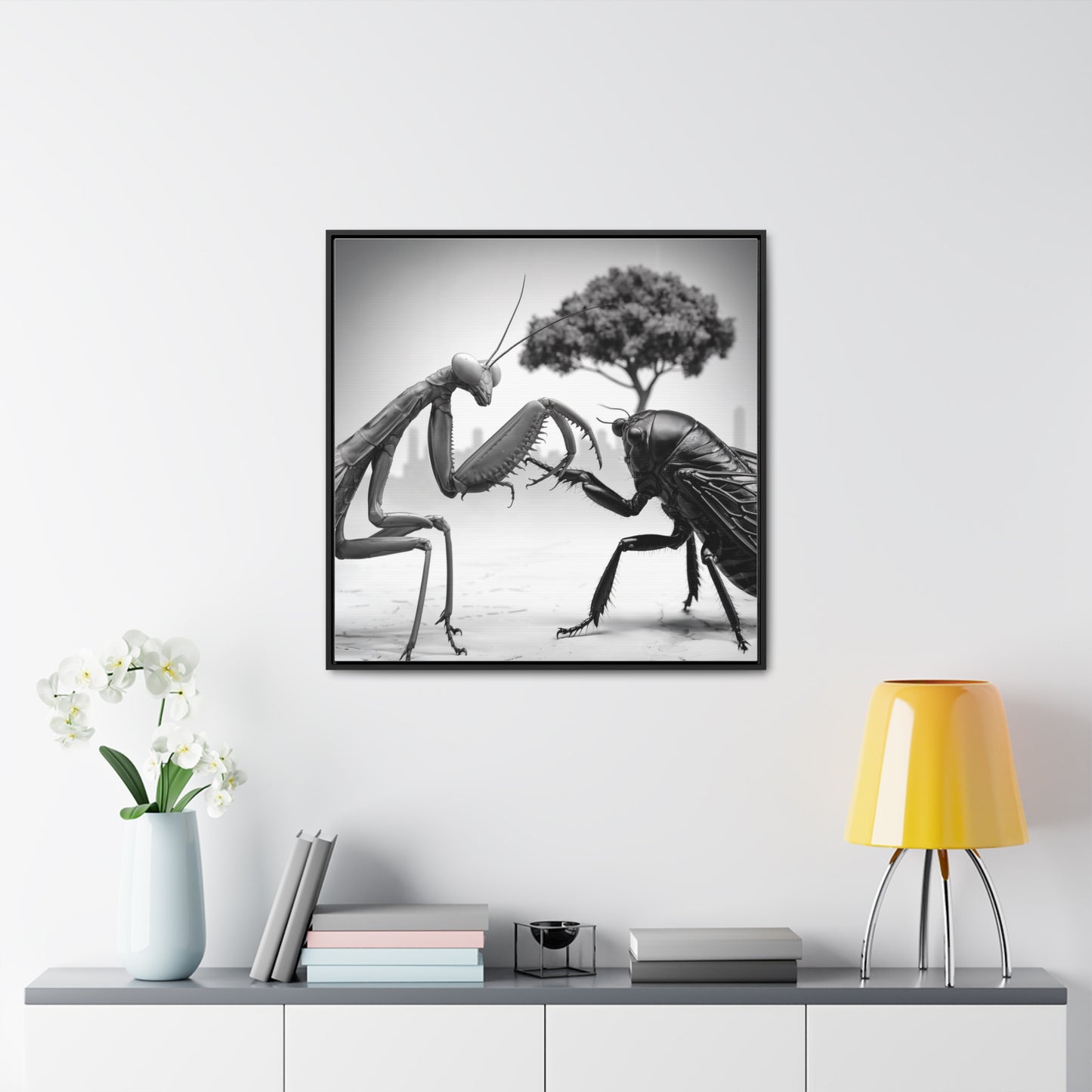 Mantis vs. Cicada Showdown – Framed Canvas Art
