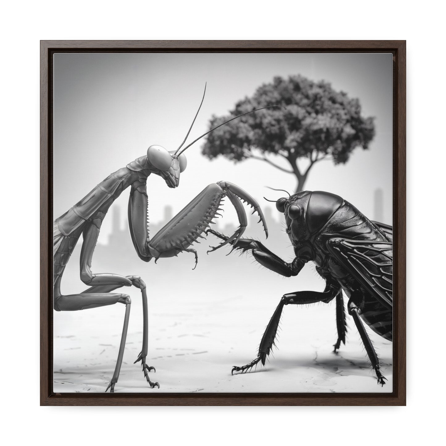 Mantis vs. Cicada Showdown – Framed Canvas Art